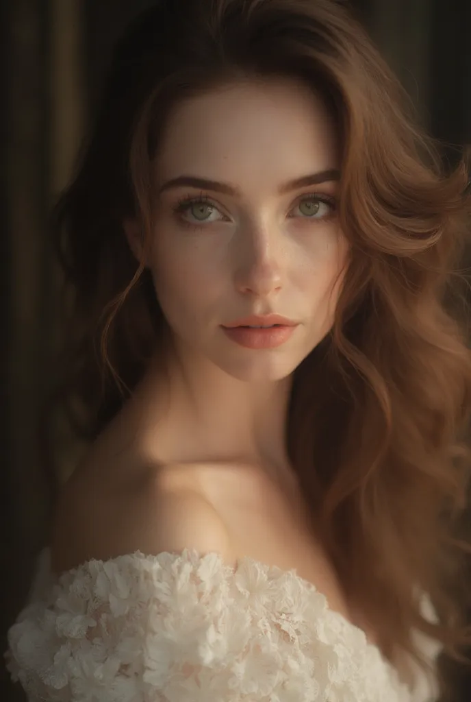  A woman, with gentle beauty,brown hair, white, striking look 