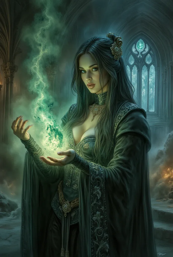 Create a cinematic portrait of a mysterious woman in a magical castle, bathed in the glow of flickering candlelight. Her deep emerald eyes reflect the shimmering arcane energy surrounding her, as she gently raises her hands to cast an ancient spell. Her lo...