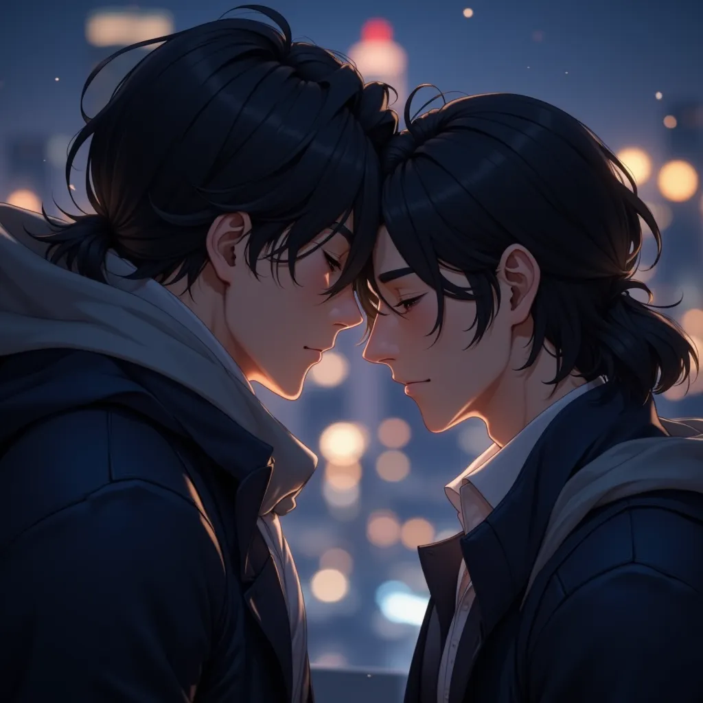 two guys touch their foreheads. man on the left is tall, age over thirty, brutal and strong. The man on the right is half a head lower, age around 25,  elegant facial features .  eyes closed, romance, close-up on faces, long hair, city lights at night in t...