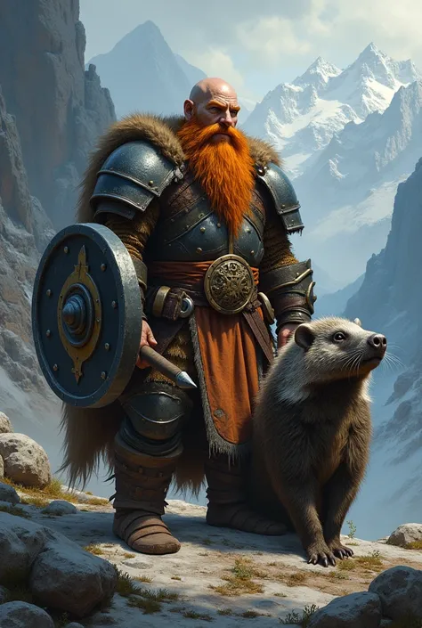  1man, dwarf, warrior, armor, black and orange shield, war hammer, large orange beard, bald, no hair on head, mountain valley, stormy sky, beside a large badger wearing glass and armor 