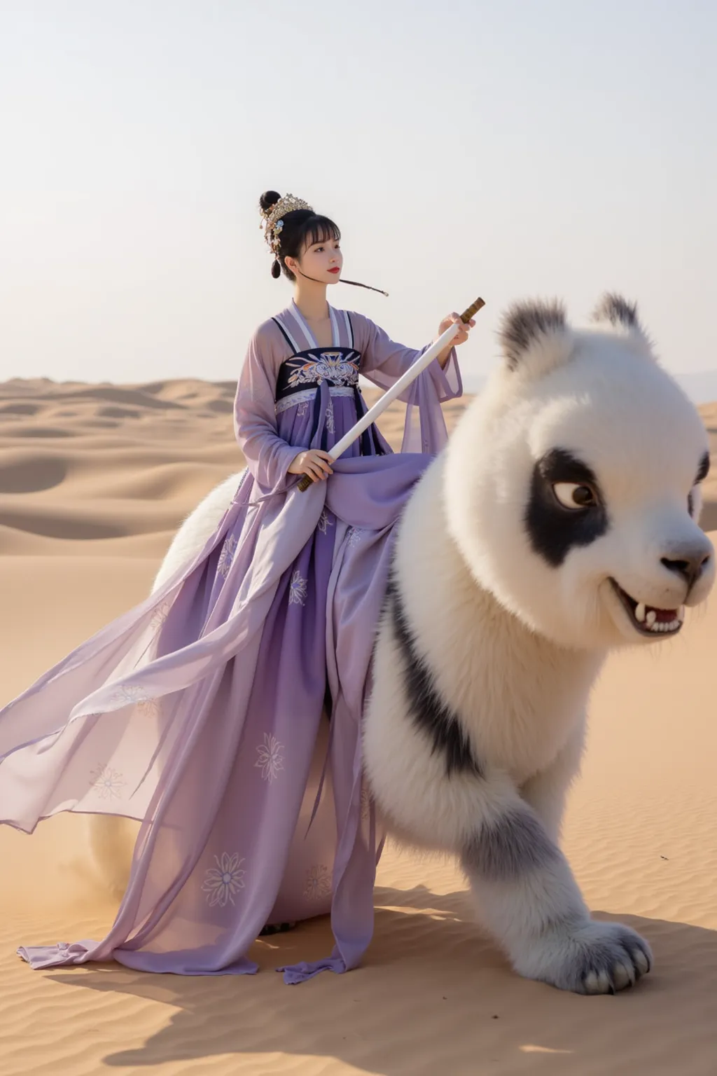 A woman in a traditional costume is riding a panda through the desert, Hanfu, looks at one woman, palace ， A girl in Hanfu, purple,Hanfu, Wuxi, Full body martial arts, Carafe woman wearing old Chinese clothes , Cyansia Fantasy,  ancient Chinese clothing , ...