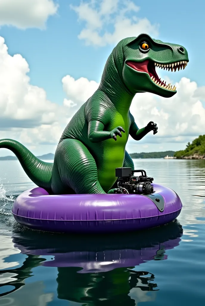 A Left side angle view of a large green Sitting Tyrannosaurus rex Wearing a Gas powered purple inflatable pool ring floatie holding a 2 stroke motorcycle engine revving the pool floatie on the T. rex Cycling with a Huge Outboard Boat propeller motor mounte...