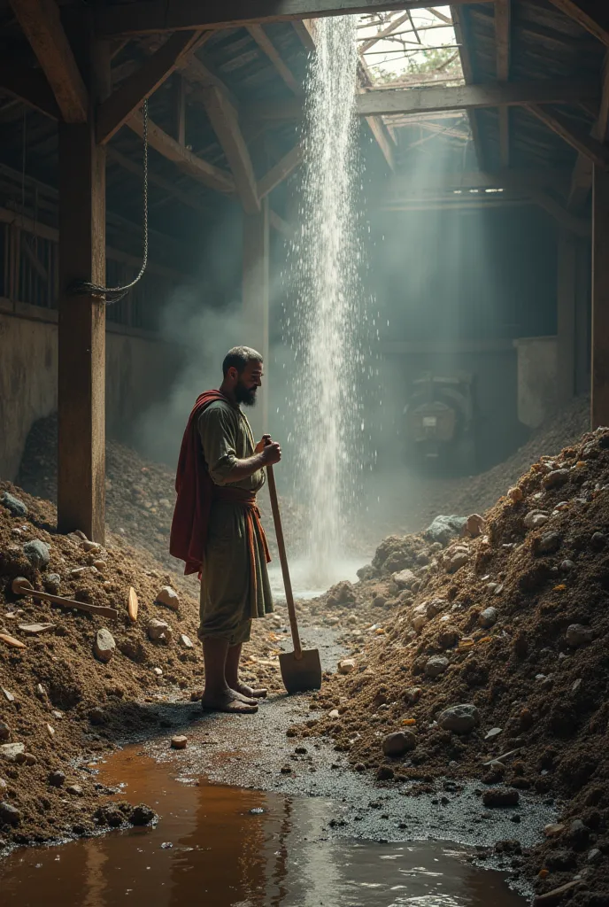 Picture a huge, A barn or stable littered with garbage and mud, where a worker with a shovel is desperate to restore order. Nearby you can add a powerful stream of water, washing away dirt, as in the myth of Hercules.