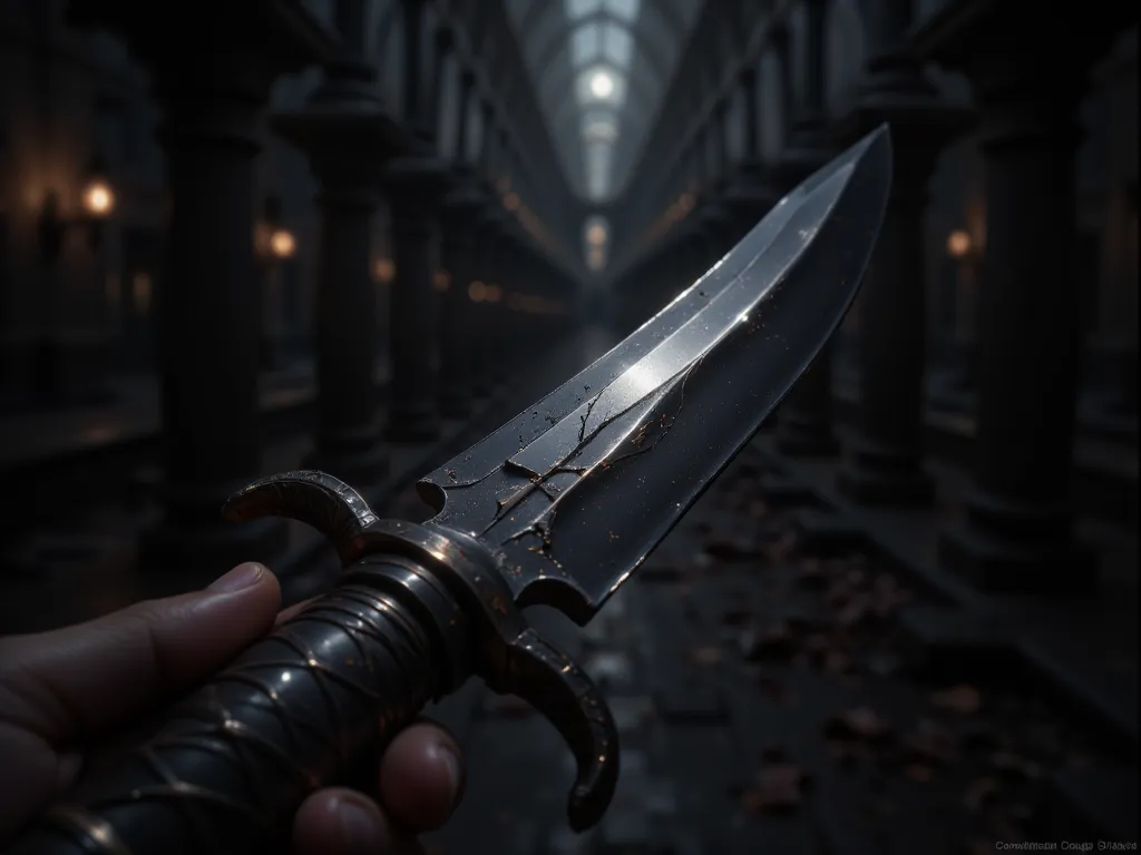 First-person view of a dagger with a thin matte blade. Scary silhouettes are visible in the blade.