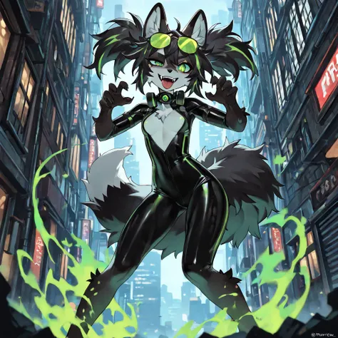 (Masterpiece, best quality:1.2), night, city scenery, dark lighting, detailed shadows, looking at viewer, BREAK, 1girl, mature, curvy, jumping, in air, fox ears, fluffy fox tail, (black fox furry, fox furry female:1.4), black fur, short, (thick thighs:0.8)...