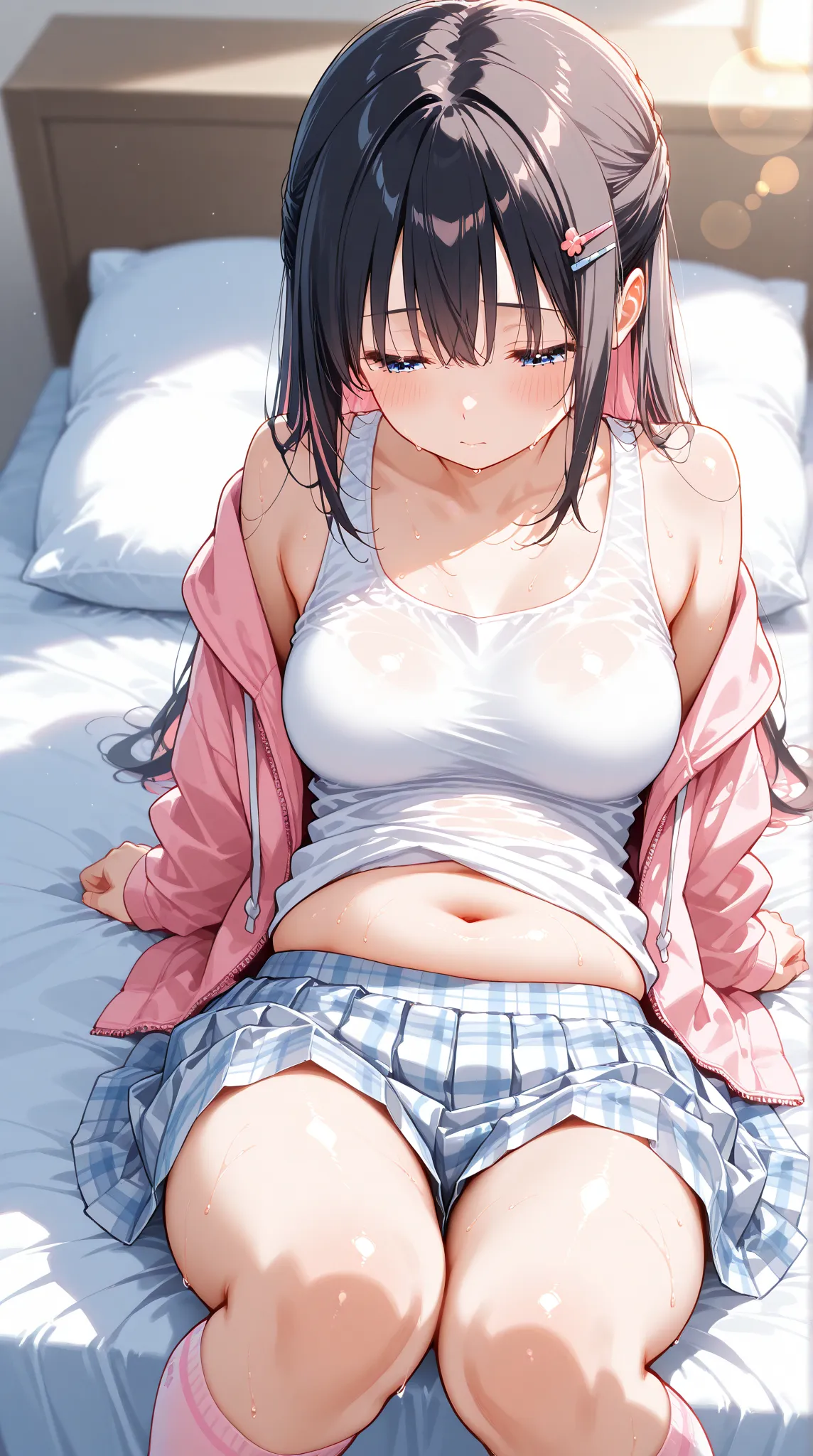 Top Quality,  great quality,   masterpiece, ,  1 girl crouching ,soft pink hoodie、Taking off、(tank top with one strap slipping off the shoulder), shiny light pink knee socks , 美しい thighs ,   dark-haired girl,  half updo、Plaid Pleated Skirt、white boxer shor...