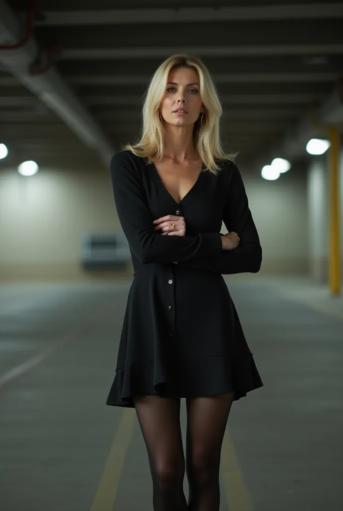 Belle femme âgée d'environ 40 ans, elle a des cheveux blonds naturels. Elle porte une jupe noire, des bas nylons noires et des hauts talons. La photo est prise dans un parking en sous-sol.
