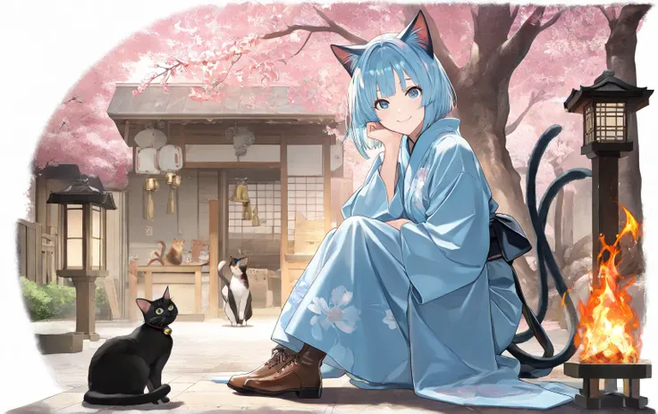 (Best Quality), (Very detailed), (Best illustrations),Gravure Model,smile,face focus,Concept art  Background is cherry blossoms,Artistic illustration of a costumed woman holding a cat, one girl, cat, cat ears, cat tail, tail, solo, fire, bells, wide sleeve...