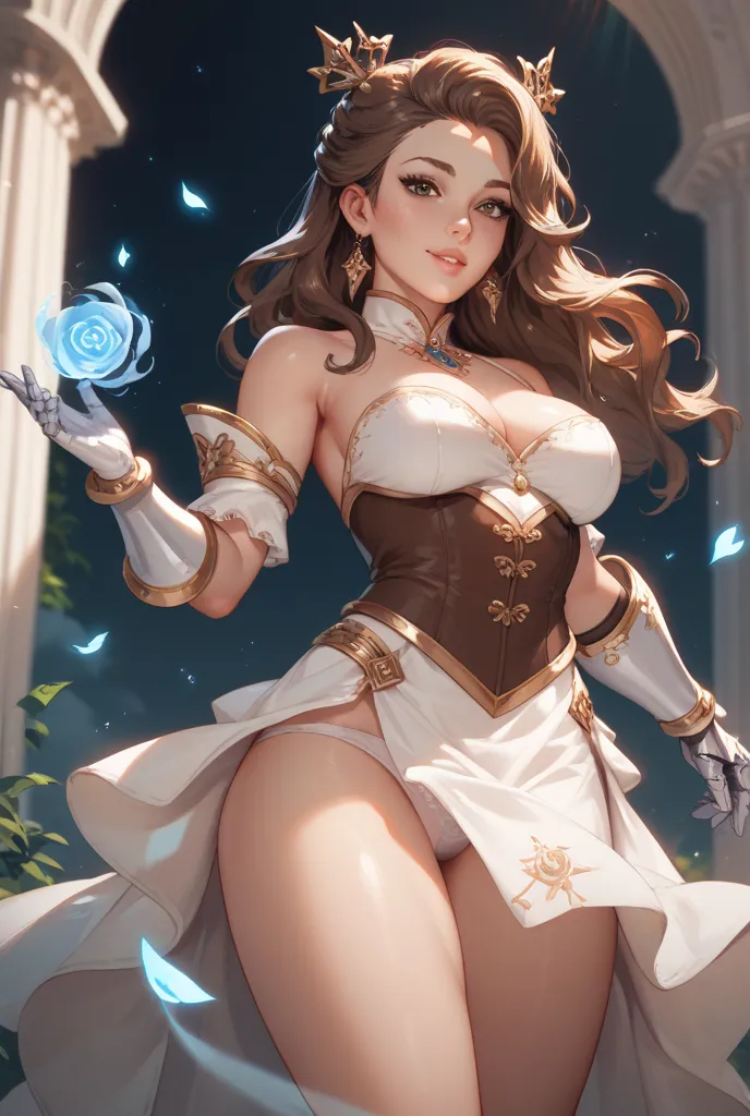 Create style DAN DA DAN a beautiful woman with long wavy brown hair with brown eyes with medium hips with shapely legs wearing a white magic transparent dress with very thin white panties underneath wearing white magic gauntlets with black details on the a...