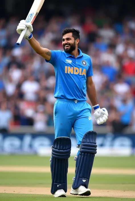 A male cricketer, likely in his late twenties or early thirties, of South Asian ethnicity, is shown in a celebratory pose.  He is wearing a light-blue cricket jersey with the "INDIA" logo prominent.  He has dark hair and a noticeable beard. He is wearing p...