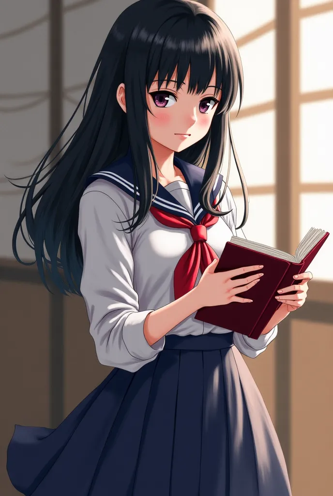 Drawing of Naori Uchiha wearing Japanese schoolgirl clothes and holding a book