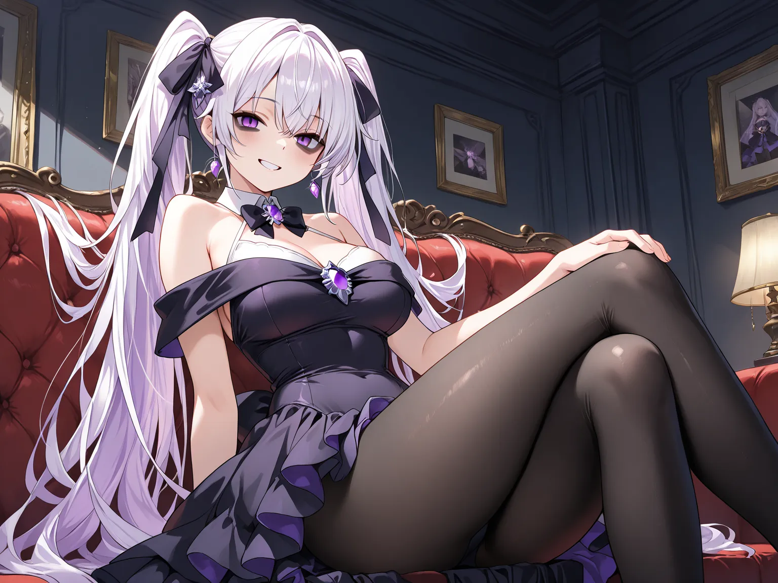 1girl, white hair, very long hair, twintails, purple eyes, bags under eyes, hair ribbon, black off-shoulder dress, layered dress, white halter leotard, leotard under clothes, sleeveless, wing collar halter, bowtie, black pantyhose, breasts bow amethyst orn...