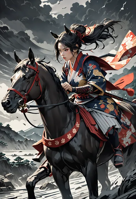 1 Samurai Female Warrior on a Black Horse,  traditional Japanese armor ,  fighting on the battlefield ,  dark stormy background , Feudal Japan,   Ukiyo-e Style ,   penetrating all the way to the surface with a Chinese dagger , calligraphy brushwork , discr...