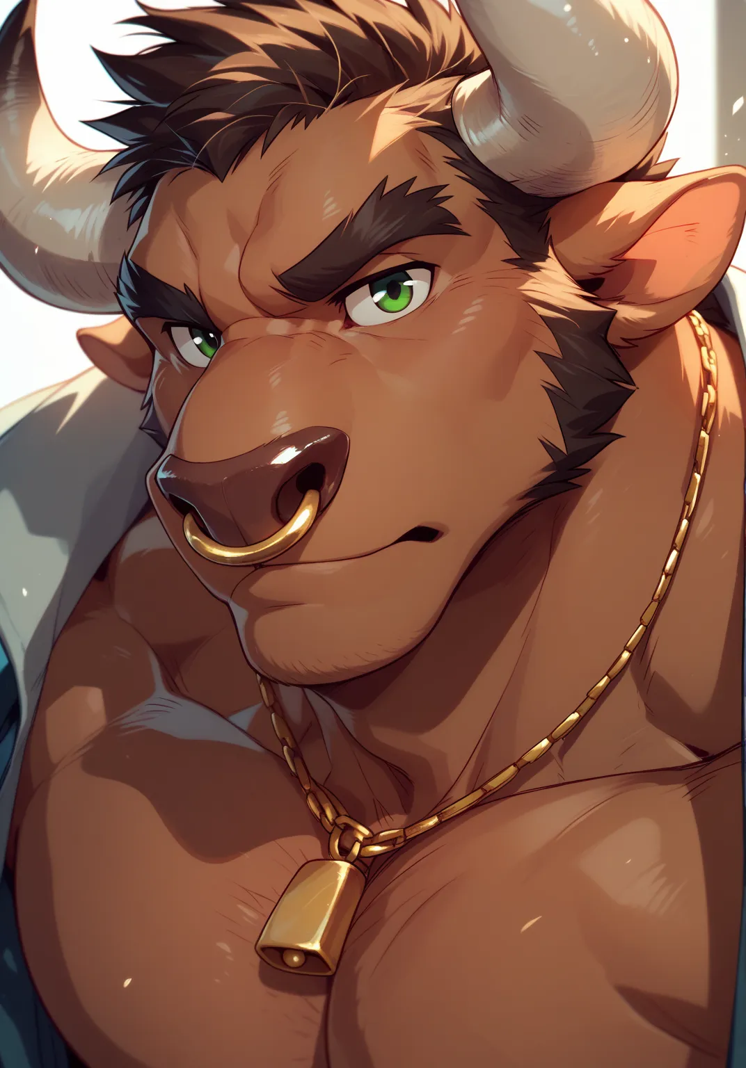  Best Quality, high quality, ultra high resolution,Fine Eyes, Exquisite Face ,avatar,bull,handsome,Chest muscles,Big cow horn,Thick eyebrows, Brown Skin ,Gold nose ring,dark green eyes,front, looks at the audience,null-ghost,Takemoto Arashi