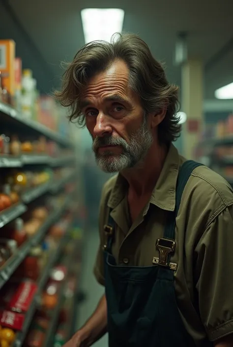 a middle-aged poor and unhappy man with brown hair and eyes working at the grocery store 