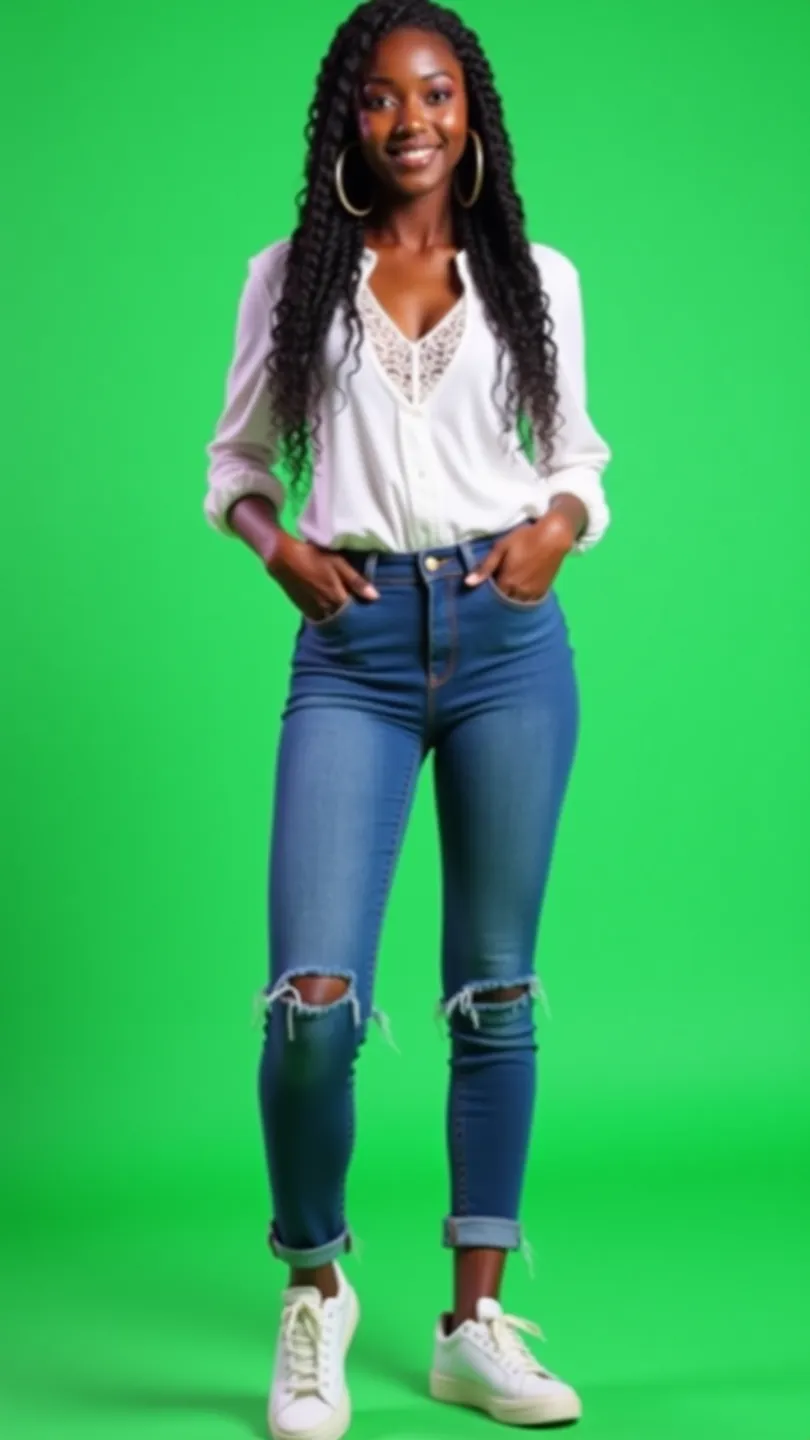 Realistic image of a beautiful black chocolate skin woman with a lace front with braids, full body shot, nice body, nice hips, wearing a white blouse and some nice design blue jeans with designer tennis shoes (green screen background)
