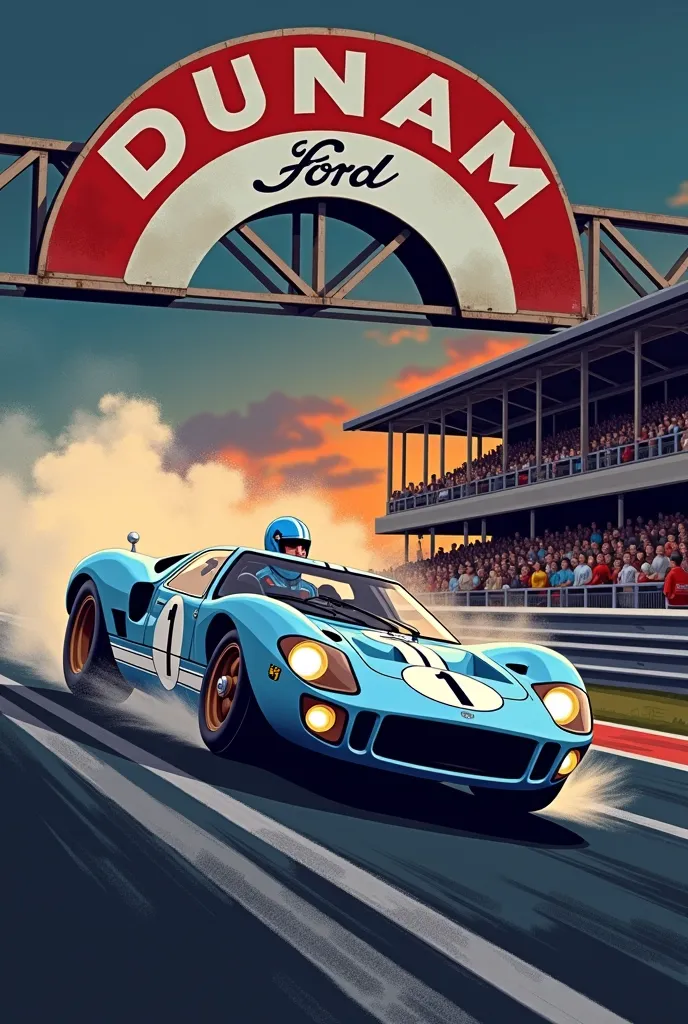 Lemans 66 racing driver in a light blue Ford GT 40 MK2 with the car number "1". Driving at high speed on a racing track. Tire tracks and smoke are visible behind. Background, with a DUNLOP sign arc above the track. Racer in the center of the illustration. ...