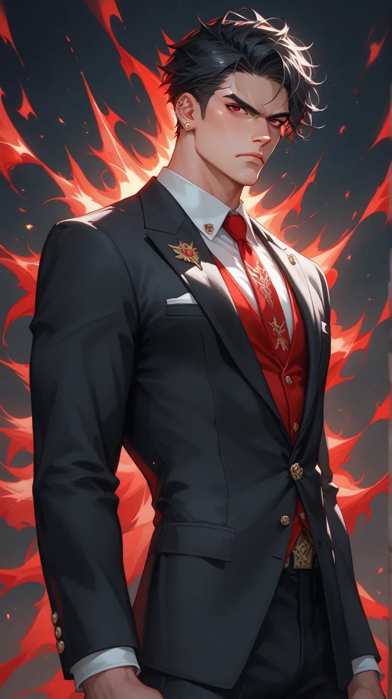 A MAN, red eyes, short hair, black hair, serius face, muscle, black suit, red details++