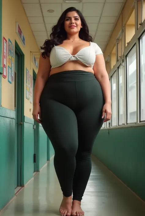 Bbw, super thicc, massive breasts, very tall, ((3 meters tall)). Brunette,blushing and smiling, fat, head reaches The ceiling. In a school hallway. Wearing tight clothes, so tall she has to Lean down. Leaning down looking Down at The camera. ((Picture take...