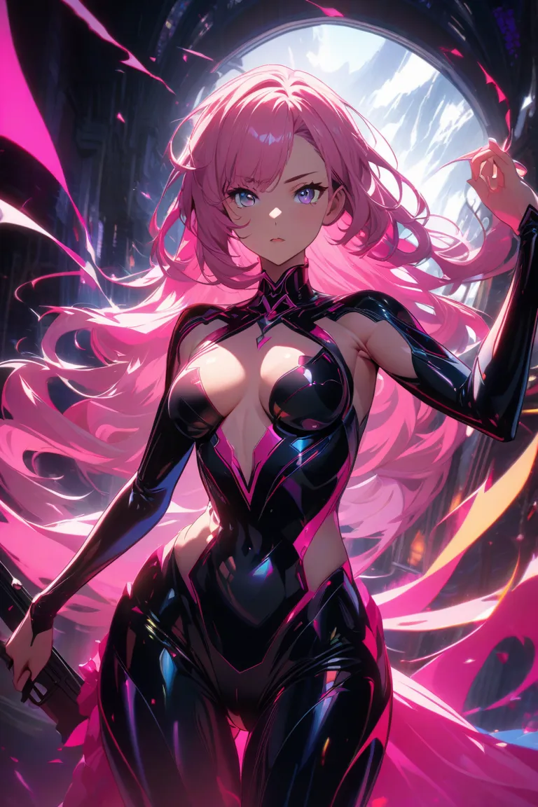 Pink long hair, beauty， Sexy ，beautiful breast, taking a machine gun，jk, 2D Anime