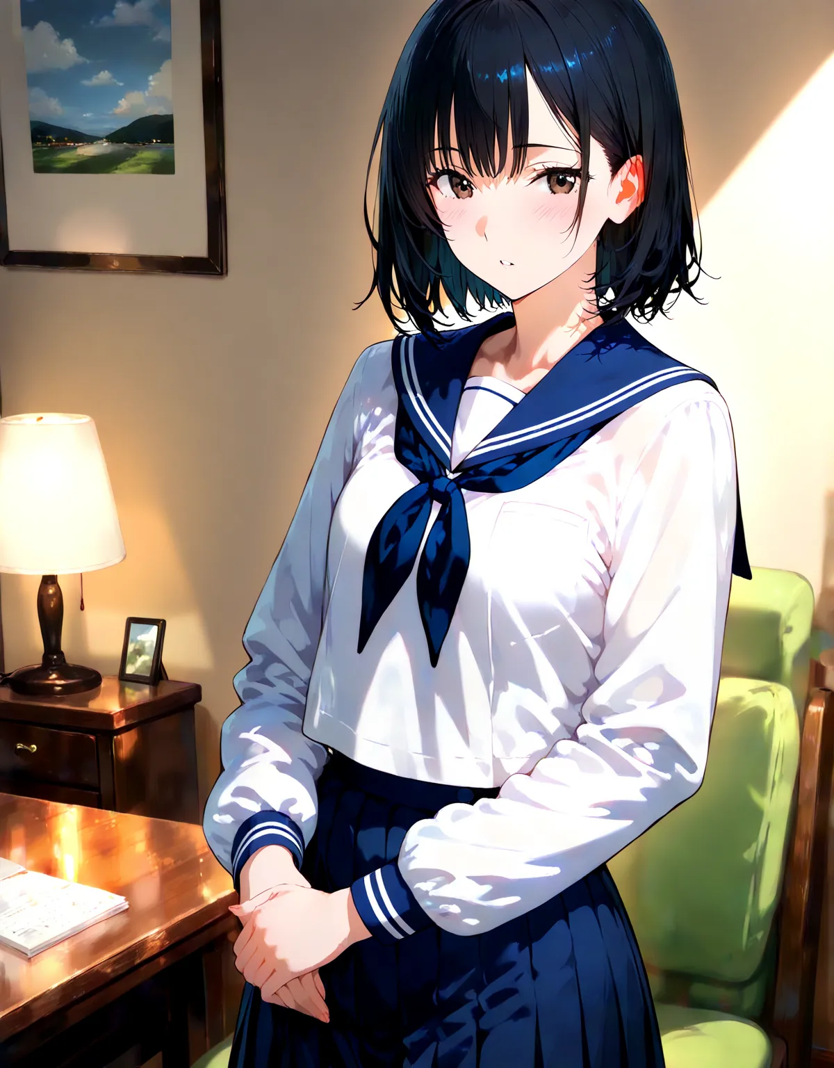 Woman taking off half of her sailor suit、18 years old、long black hair、SMALLE BREASTS、living room, heart