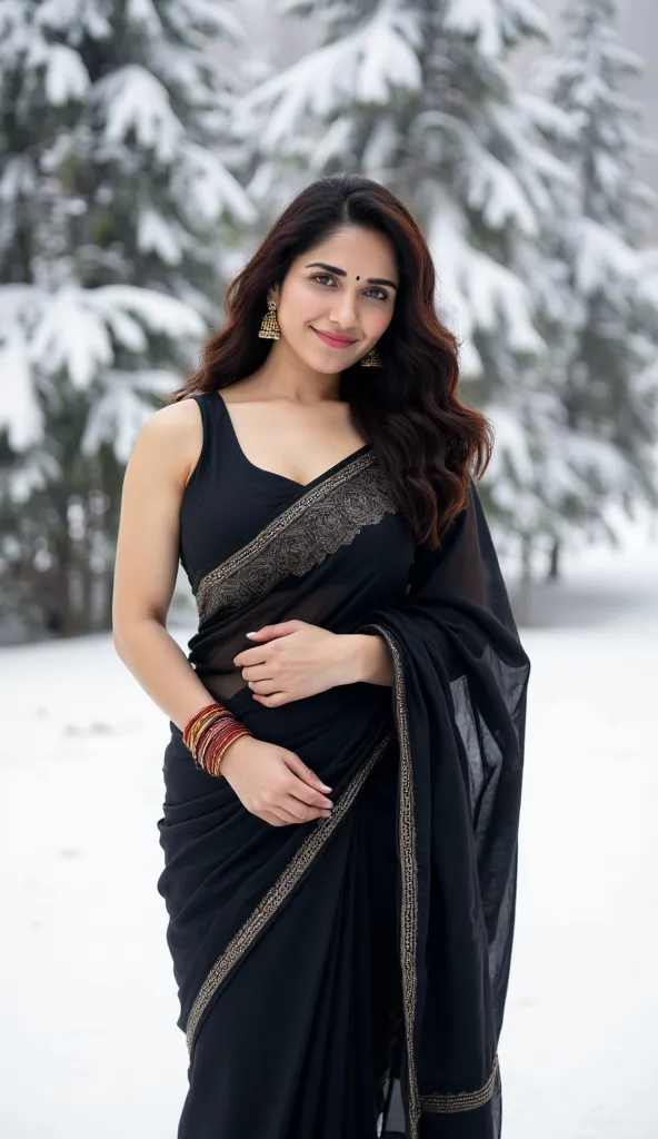 An award winning, full HD picture of a beautiful woman in her late 20s standing gracefully in a serene winter landscape, surrounded by freshly fallen snow. She is elegantly dressed in a modern and stylish saree, draped gracefully over her left shoulder. Th...