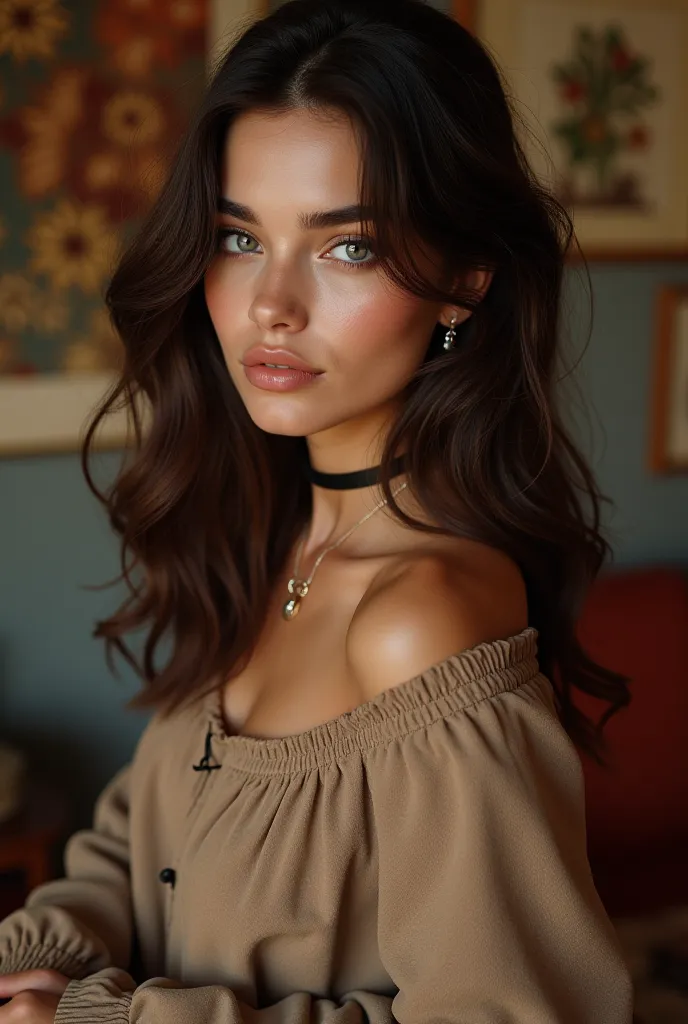 A pretty Turkish light-eyed woman in casual clothes,Detailed face, attractive expression , elegant stance ,soft leather,dark wavy hair,captivating eyes,cozy interior scene, Elegant decoration ,warm lighting,photo effect,oil painting, rich and vibrant color...