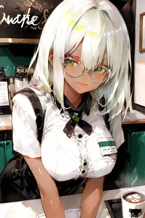    high quality, high detail, 4K,最high quality,1 girl ,cute_face,happy(  high quality,white_ medium haiR, white_haiR between eyes), ((white_ eyelashes,white_Nail,white_round glasses､green_eye,high image quality _eye,)),( DaRk Skin, shiny skin aRound:1.2),B...