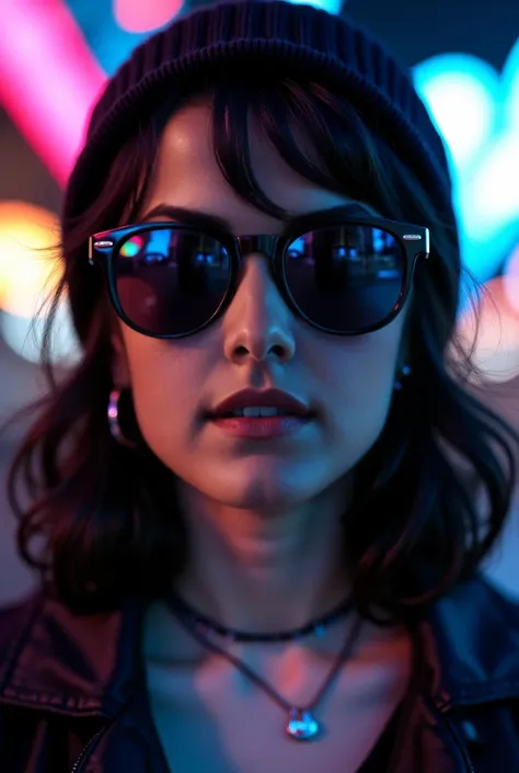 Face close up, alternative girl, watching over black sunglasses, jacket, necklace, neon light reflections on skin, ear ring, makeup, skin imperfection, shoulder length wavy black  hair, beanie, neon lights background, low light, depth of field, highly deta...