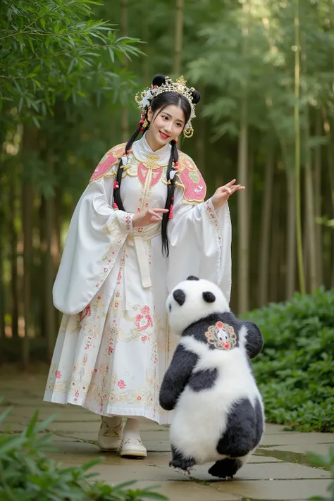 A woman in a traditional costume is running on a panda through a bamboo forest, Hanfu, looks at one woman, palace ， A girl in Hanfu, purple,Hanfu, Wuxi, Full body martial arts, Carafe woman wearing old Chinese clothes , Cyansia Fantasy,  ancient Chinese cl...