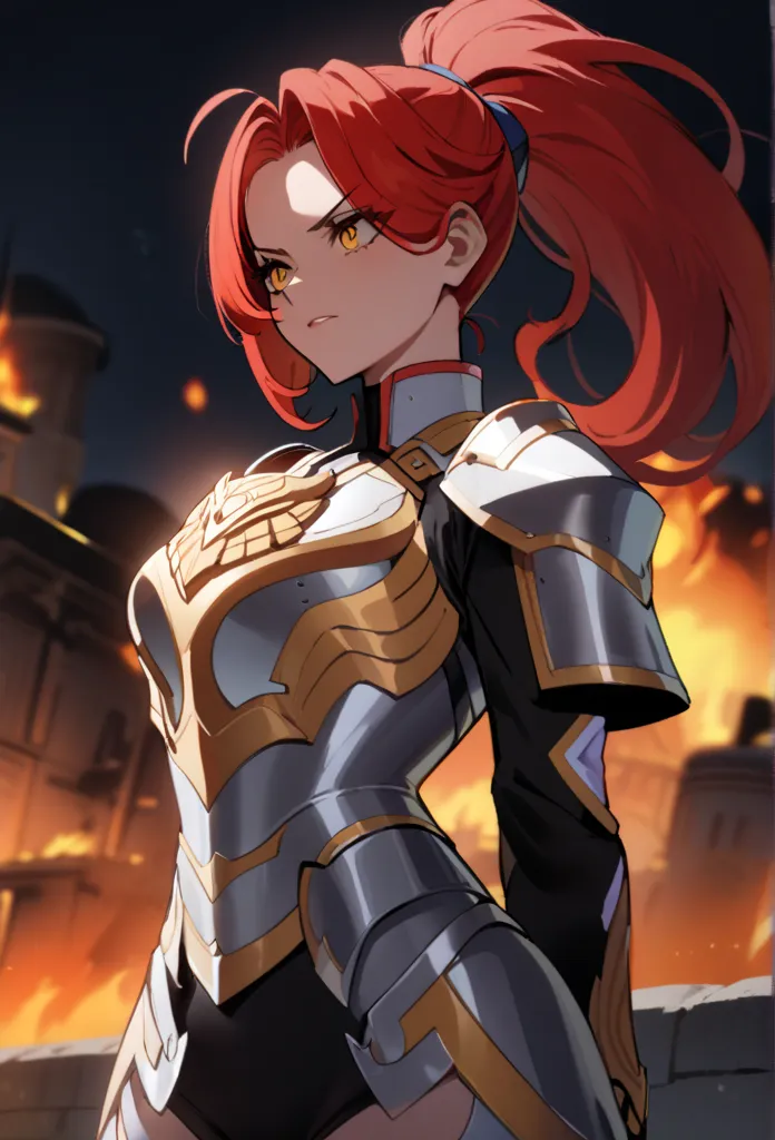 Red-haired adult female vice-captain from Antenia wearing a ponytail, bright golden eyes, wearing silver armor with a coat of a golden owl on the chest of his armor,  with hands behind back, quiet and observant expression,  big and athletic body , in the b...