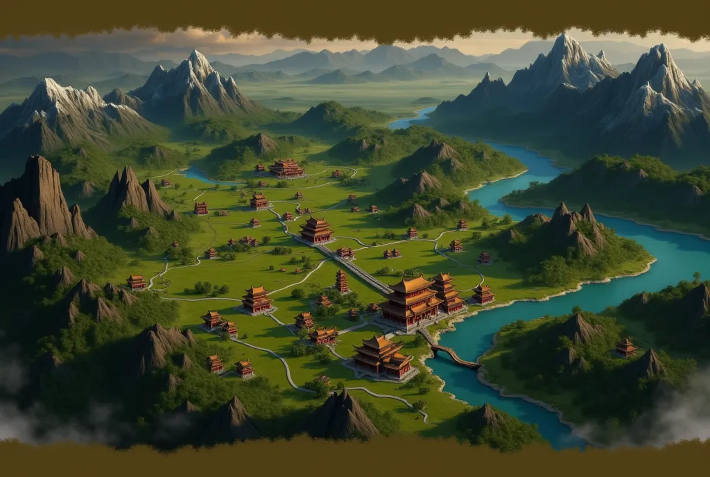 A top down style view of a chinese region in an grand strategy game. 