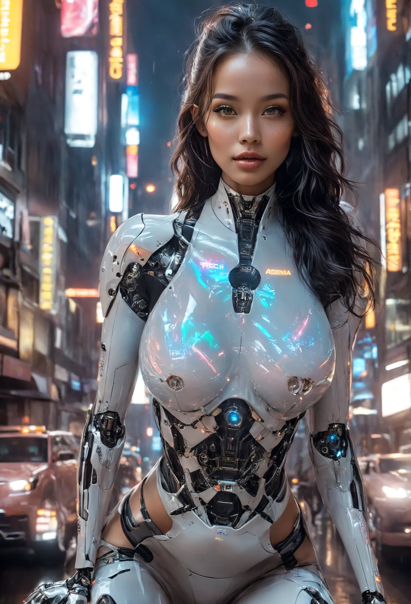 Cyberpunk AI waifu, ultra-realistic, 4K, cinematic lighting, full-body, front-view, centered 16:9 composition, futuristic neon-lit cityscape background. Stunning Southeast Asian woman in her mid-20s, smooth radiant skin on her upper body, expressive big ey...