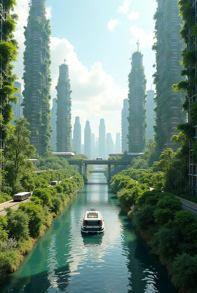 A futuristic sustainable city in the year 2125, thriving with advanced green technology and eco-friendly infrastructure. Towering skyscrapers covered in vertical gardens absorb carbon and generate oxygen. Roads are lined with smart solar panels, and autono...