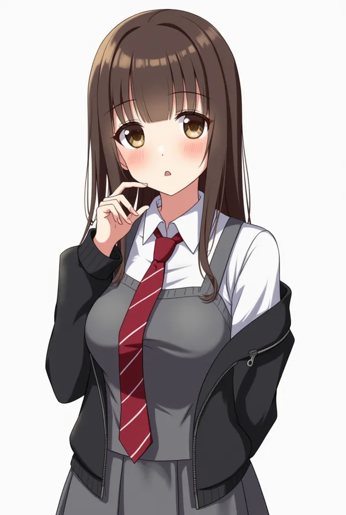 An image of a girl in the Haikyuu drawing style with brown eyes with long smooth dark brown hair and a school uniform with a gray skirt, camisa blanca, dark gray sweater with straps on top and a red tie with thin white diagonal lines