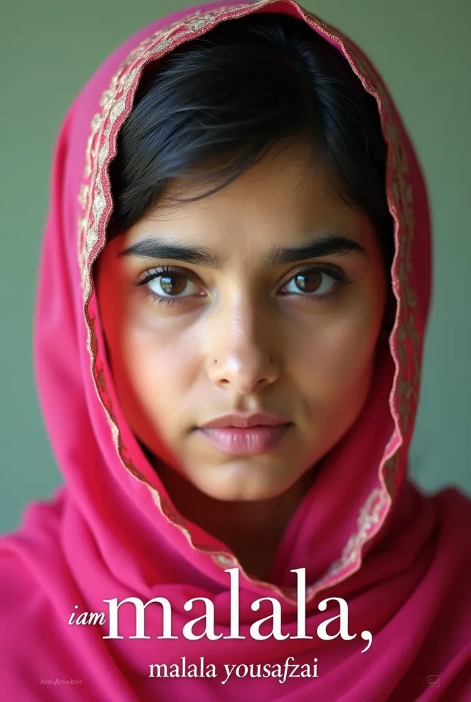 "A close-up portrait of a young Pakistani woman with a determined yet serene expression. She has dark expressive eyes, neatly shaped eyebrows, and smooth skin. She is wearing a bright pink headscarf (dupatta) draped over her head and shoulders, with golden...