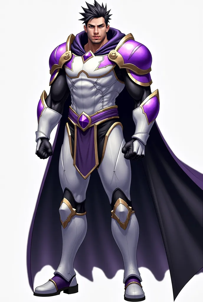 This character would be a strong man, a champion, he has white armor with violet details and a black cape.. It should look good and legendary.. He has medium and black hair and a short beard.. the man is muscular