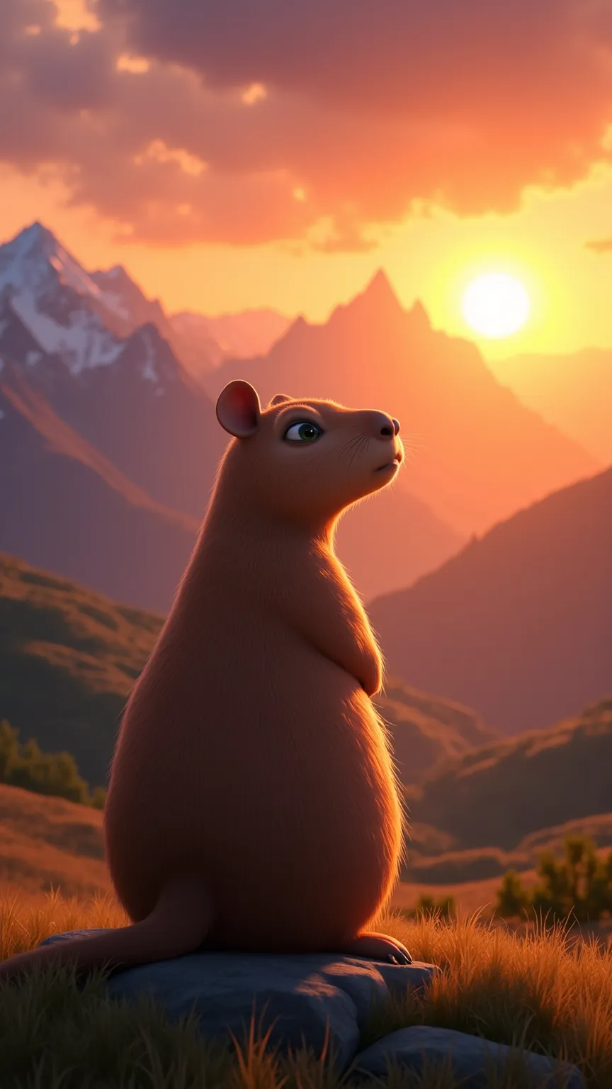 "A capybara stands on a hill, watching the sun set behind the mountains, its eyes filled with longing and hope."	