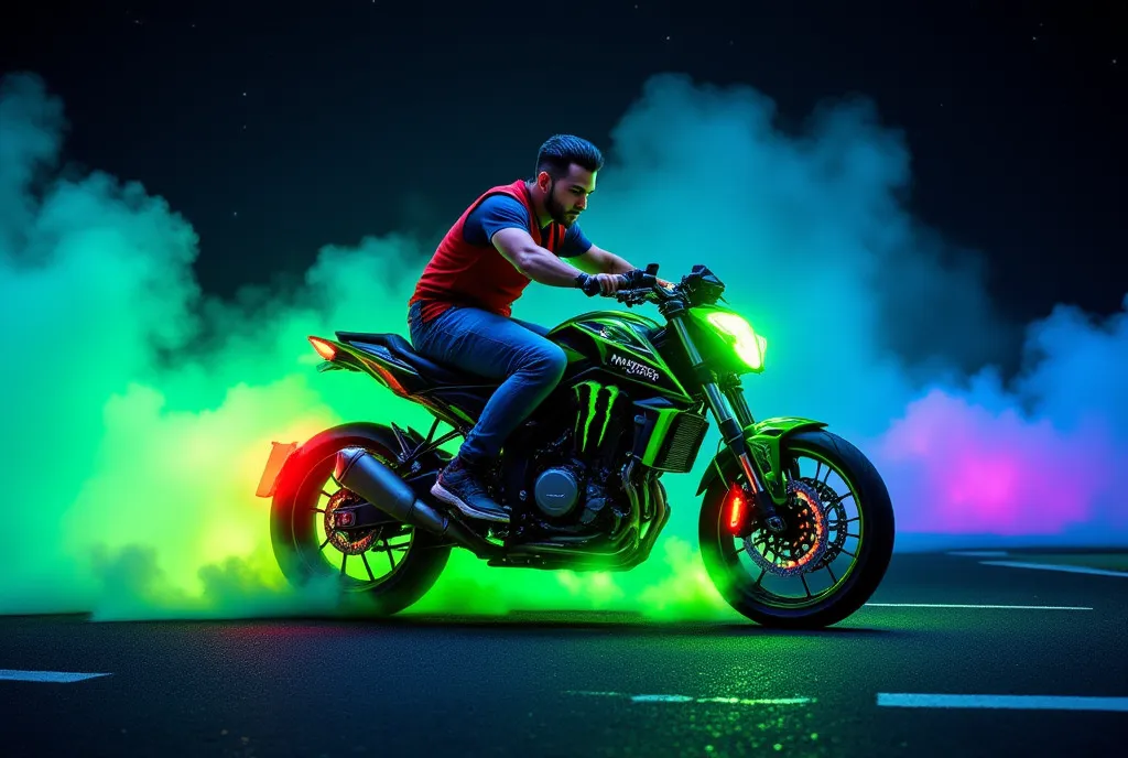  of an Indonesian man, slickback cut hairstyle blue-black, red vest blue t-shirt, denim pants, looking at camera , is doing freestyle jumping attractions with motorcycle sport with notoriety twin-turbo, green color motor with intricate livery and Monster E...