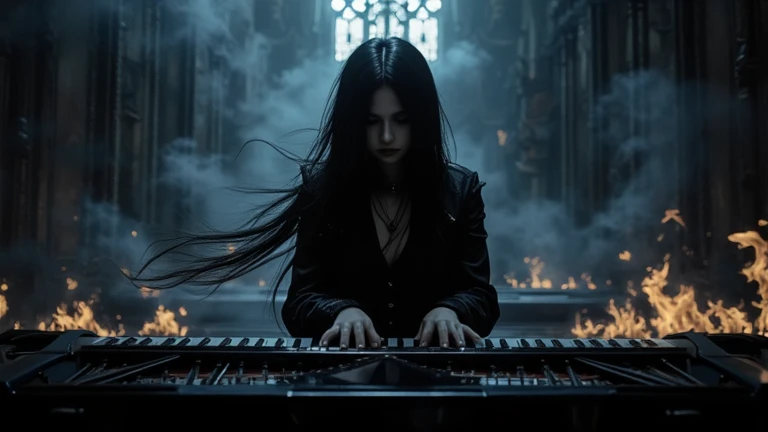 female metal pianist, gothic theme, scary background, added flames and black smoke