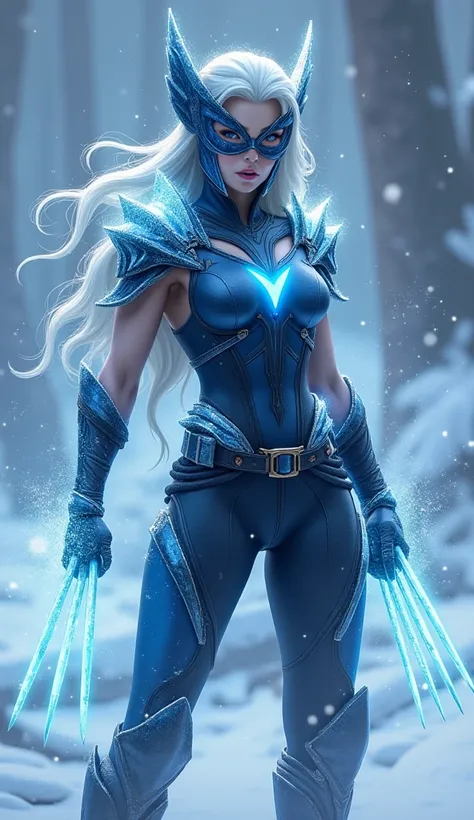 Imagine a fusion between Elsa, From Frozen  , and Wolverine , da Marvel, combining his icy abilities with the untamed ferocity of the mutant. The character has an athletic and muscular structure, refletindo a resistência e o poder físico dand Wolverine , b...