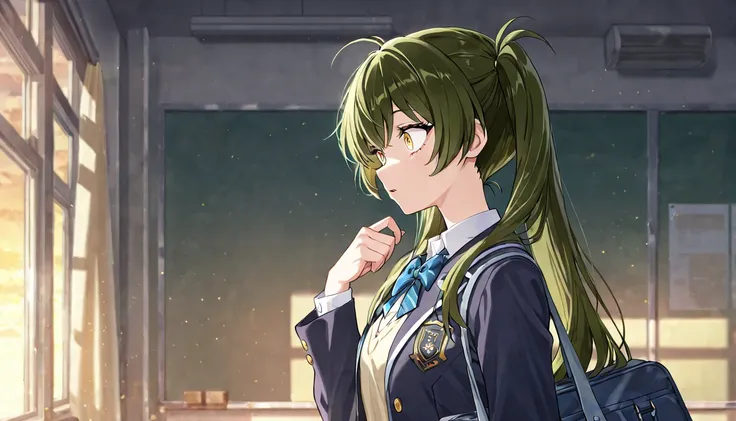 Girl with two downed dark green ponytails with yellow eyes holding a bag and looking into the distance in surprise in the school, anime, simple, side view