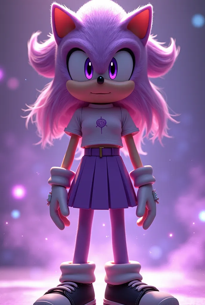 An image in the style of Sonic the hedgehog, the film of a hedgehog woman in pastel purple Mauve with medium hair in waves like a noodle up the waist with a book-like partition in her hair, with hair starting from the root in half, equal parts without frin...