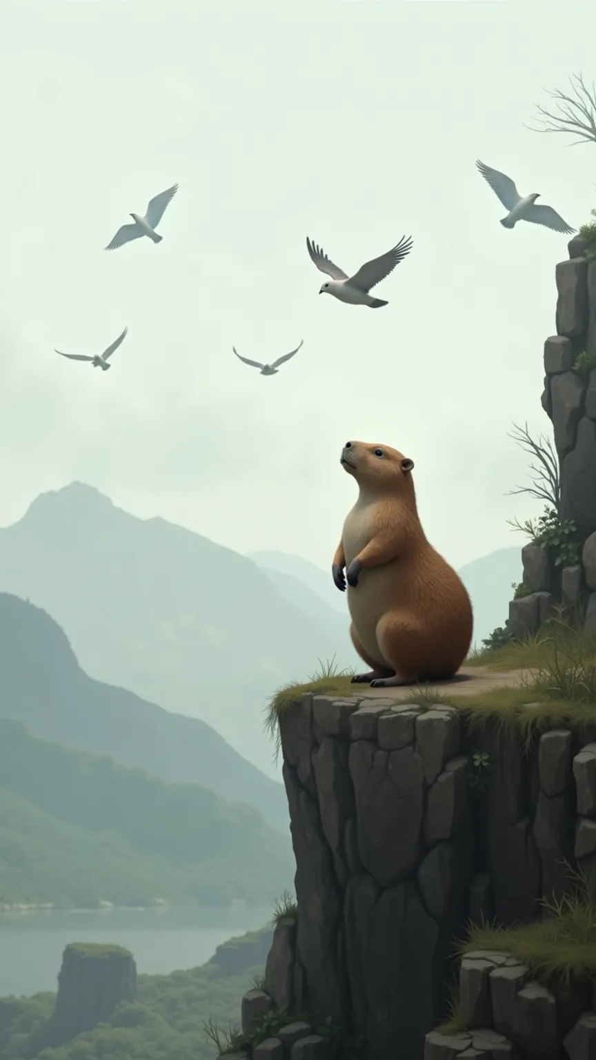 "A capybara stands on a cliff, gazing at the birds flying in the distance, dreaming of freedom and flight."	