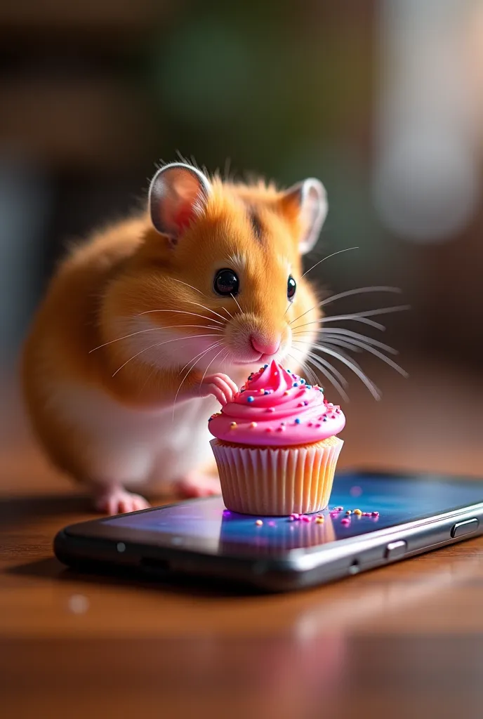 A fluffy, round hamster with soft golden-brown fur reaches out from the real world to grab a cupcake emerging from a smartphone screen. The hamster’s tiny paws are stretched forward, carefully pulling the cupcake without entering the screen itself. Its eye...