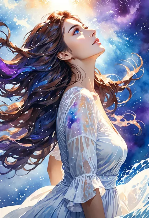 adult cisgender female, adult, long dark brown hair, blue eyes, blue and purple galaxy colors highlights in hair, hair flowing in water, looking upward, serene expression, lost in thought, reaching upward, wearing white dress, view from the side, high cont...