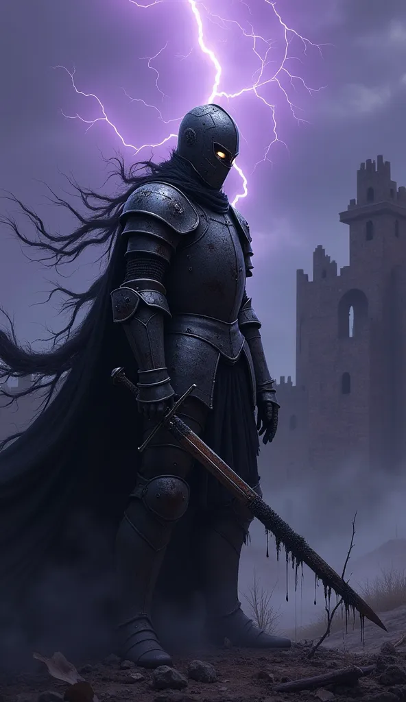 A lone knight stands in the midst of a desolate battlefield, his armor cracked and corroded as black tendrils of darkness creep up his body, consuming him. His helmet is partially shattered, revealing hollow, glowing eyes filled with despair. The shadows s...