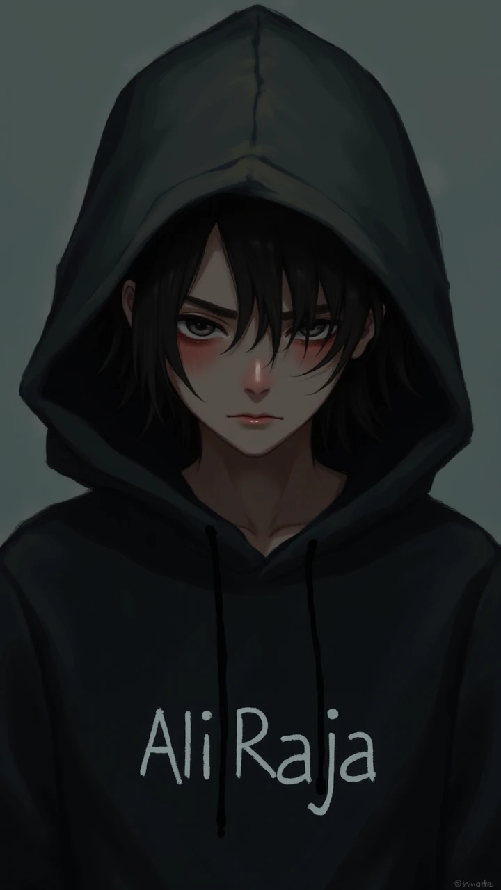 A boy wearing black hoodie with the name Ali raja in sad mood with long hairs High Resolution, 