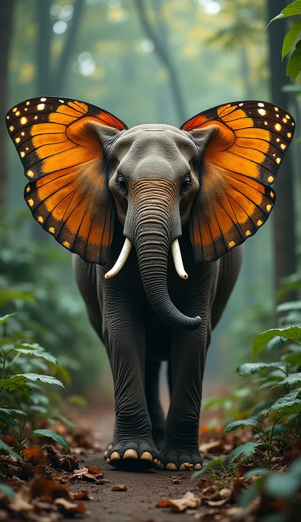 Imagine an elephant with the delicate beauty of a butterfly—huge, strong elephant ears covered in soft butterfly wings that shimmer in various bright colors. The Elephly is gentle, moving slowly across the jungle with grace, its wings allowing it to float ...