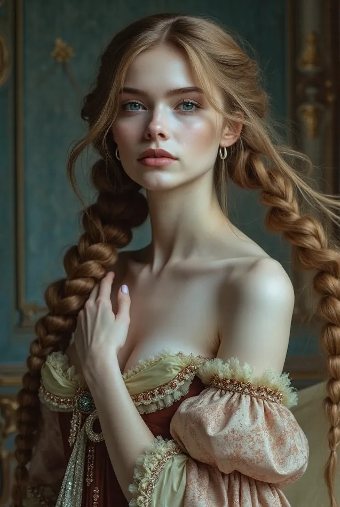 girl in a baroque dress, lush long braids, face without makeup 